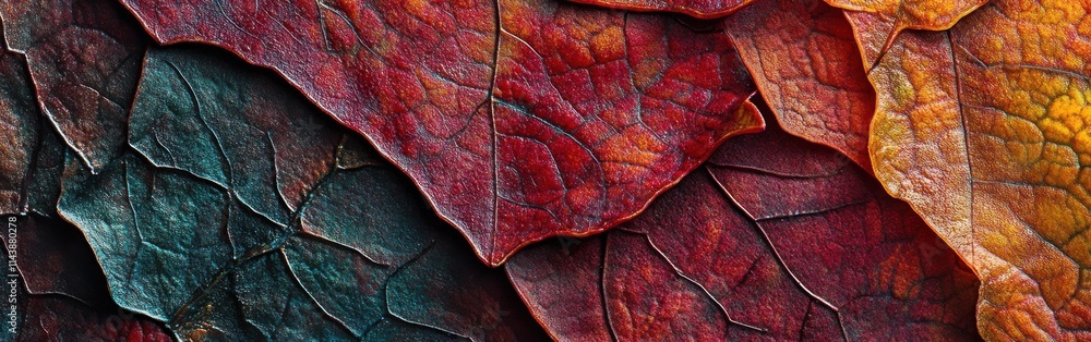 Aufkleber macro view of vibrant autumn leaves showcasing rich colors and intricate textures in a natural setti