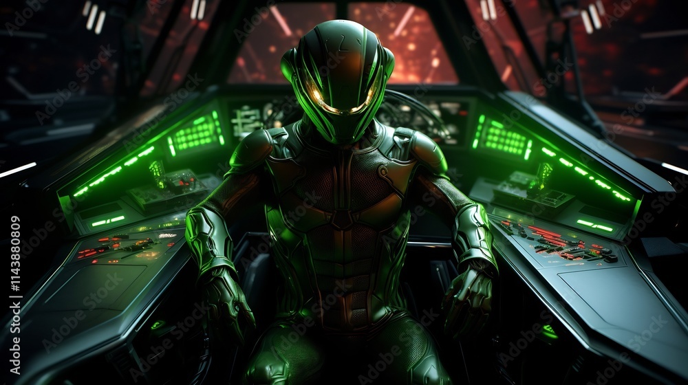Poster a glowing green alien navigates the advanced controls and displays of a futuristic spaceship cockpit