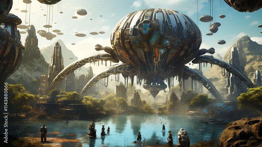 Poster a robotic alien spacecraft with intricate mechanical designs and patterns lands on a futuristic high