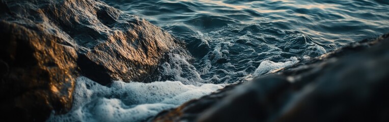 Rocky shoreline with waves crashing against rocks during sunset on a tranquil evening