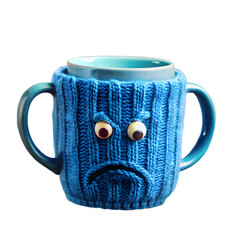 Blue cup dressed in cozy sweater isolated on white background