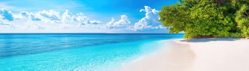 Fototapeta premium A stunning beach scene with crystal-clear turquoise water, white sandy shores, and lush palm trees under a bright blue sky.