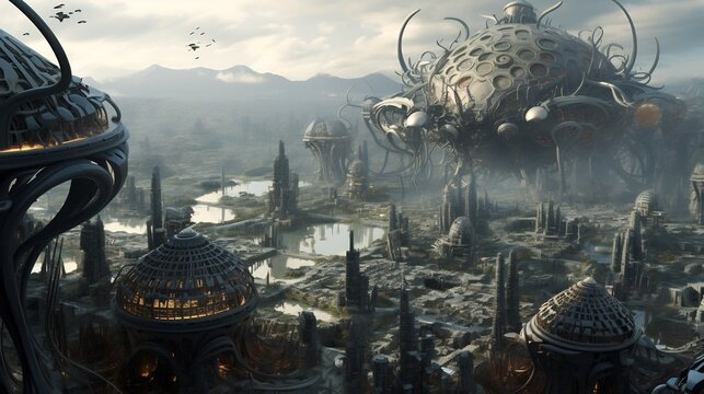 Robotic alien with intricate mechanical designs landing a futuristic spacecraft on a human colony of advanced architecture and technology  Concept of interstellar discovery