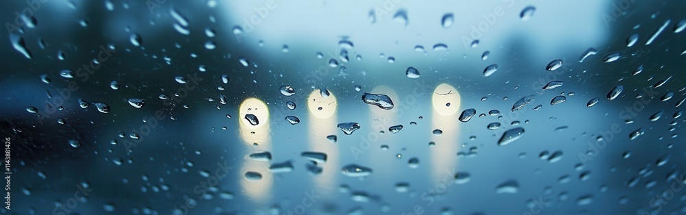 Poster gentle rain creates a serene atmosphere on glass with soft reflections in the background during earl