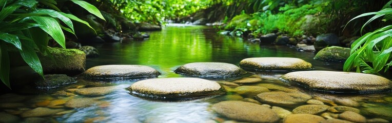 Crystal-clear stream with stepping stones surrounded by lush green foliage in a serene natural setting