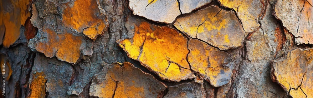 Poster extreme close-up revealing intricate patterns on the bark of a tree showcasing vibrant colors and te