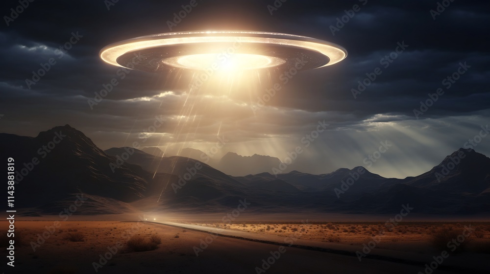 Poster alien spacecraft hovering above a desolate desert landscape emitting powerful beams of mysterious li