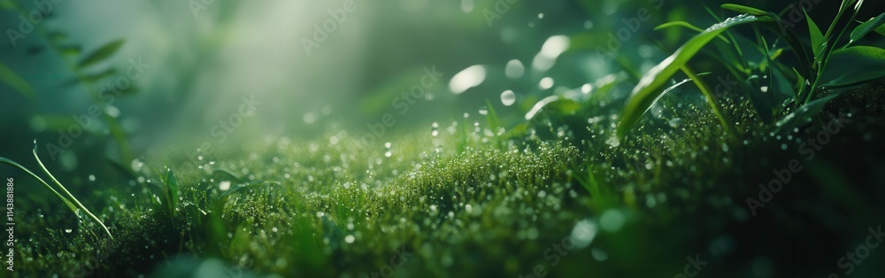 Poster close-up of vibrant green moss with droplets after rainfall in a serene forest setting during the ea