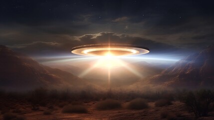 An alien spacecraft hovers majestically above a surreal desert landscape emitting captivating beams of celestial light that illuminate the scene with a sense of wonder and interstellar