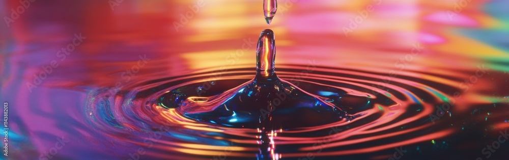 Leinwandbilder close-up view of a water droplet creating ripples in colorful reflections in a serene environment