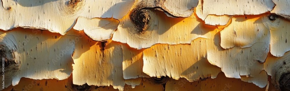 Poster close-up view of peeling birch bark revealing intricate textures and patterns in natural sunlight