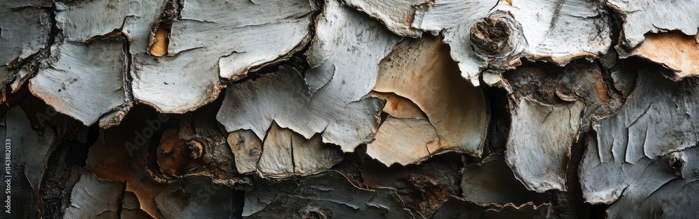 Poster close-up view of birch bark showcasing intricate peeling textures and natural patterns in a forest s