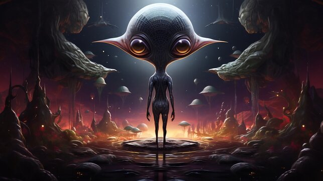 Shimmering alien with large black eyes standing on a floating island in a surreal cosmic landscape  This fantastical otherworldly creature evokes a sense of mystery and enchantment in the viewer