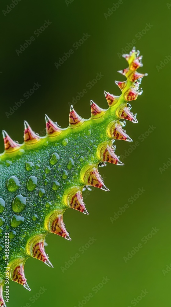 Poster close-up view of a leaf's edge highlighting droplets and unique serrated texture in natural light