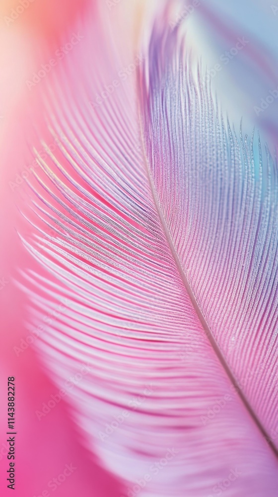 Poster close-up view of a feather highlighting delicate textures and vibrant colors in soft pastel shades