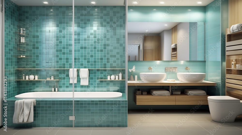 Poster mosaic tiles in a vibrant color pattern create a striking accent wall that elevates the overall desi