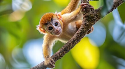 Obraz premium Adorable baby monkey clinging to a tree branch in a lush green forest.