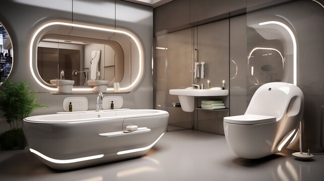 Sleek and Innovative Futuristic Bathroom Design with Touchless Smart Mirrors Faucets and Other Cutting Edge Technological Features for a Seamless Efficient and Elevated Bathroom Experience