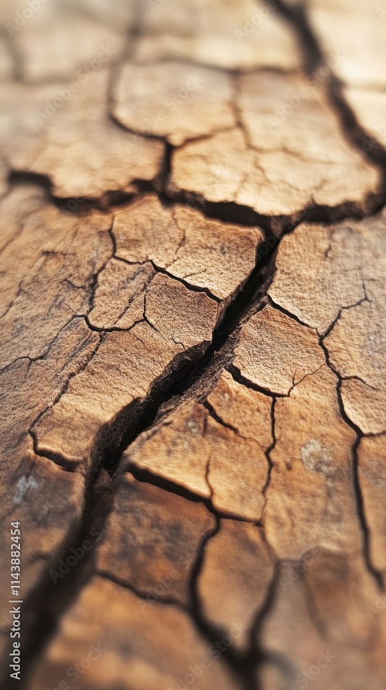 Poster Close-up view of cracked wood surface displaying intricate patterns and textures