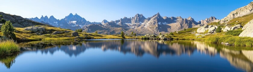 A stunning panoramic view of majestic mountains reflecting in a serene lake under a clear blue sky, surrounded by lush greenery.