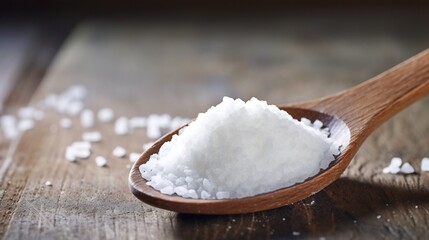 A close up macro shot of white granulated sugar crystals resting on a wooden kitchen spoon with a blurred kitchen background  The image showcases the delicate