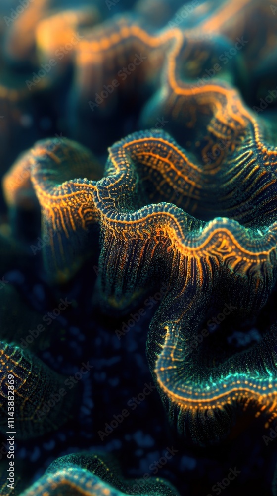 Poster detailed view of vibrant coral texture showcasing intricate patterns in a shallow underwater habitat