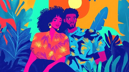A vibrant illustration of a young Black couple amidst lush tropical foliage, exuding joy and connection.