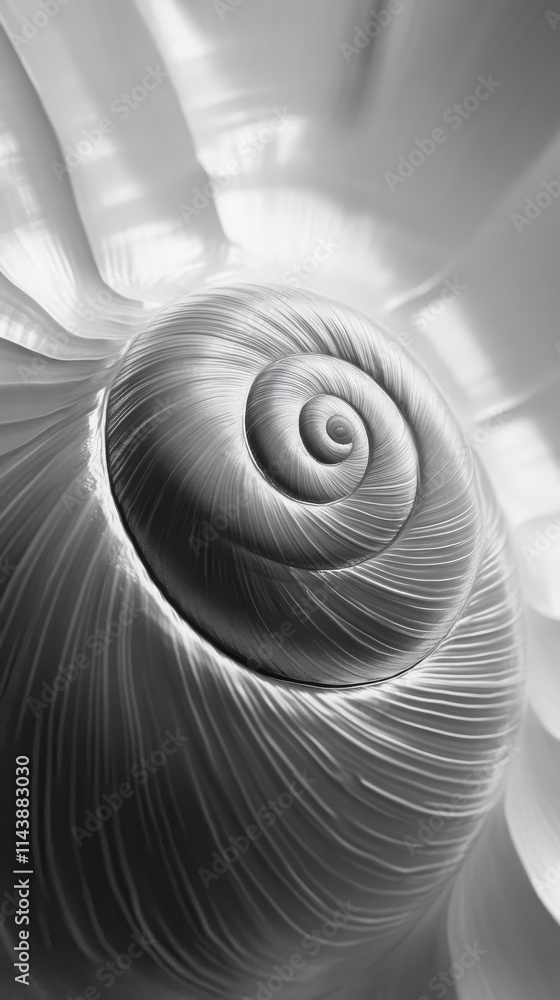 Poster Detailed view of a snail shell showcasing intricate patterns and textures in black and white