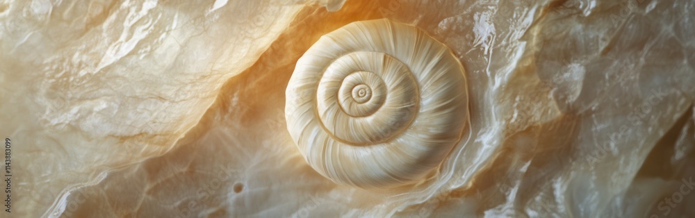 Poster Detailed view of a spiral snail shell resting on a smooth surface under natural light