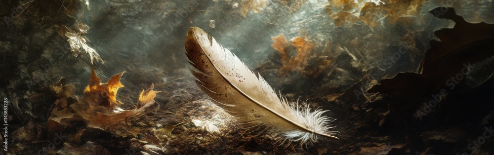Aufkleber Close-up view of a feather resting on the forest floor illuminated by striking light rays in a serene natural setting