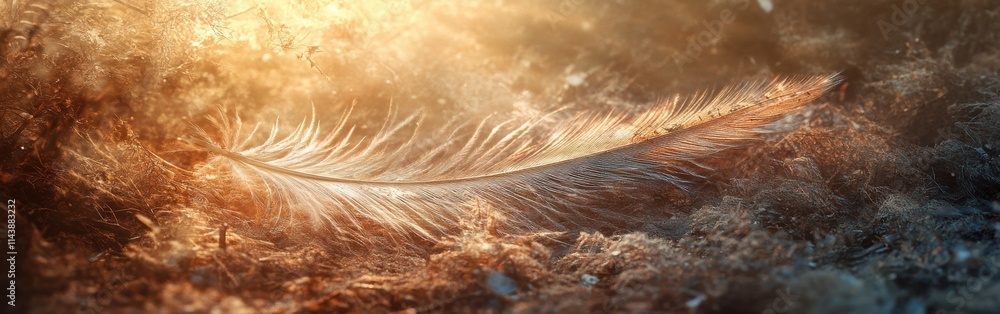 Aufkleber close-up view of a delicate feather resting on soft ground illuminated by warm sunlight