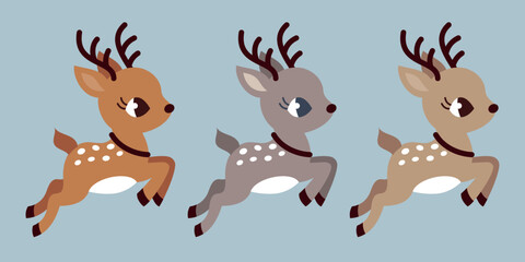 Baby deer jumping. 3 colour choices. Little reindeer flying to Santa Claus at the North Pole. Christmas winter New Year.