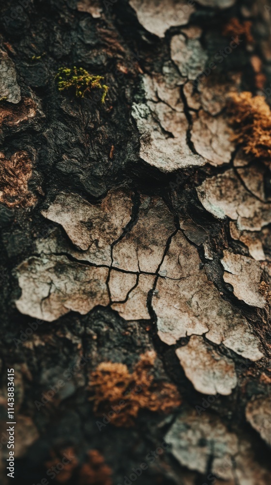 Poster detailed macro shot showcasing the intricate textures of rough bark with visible cracks and moss in 