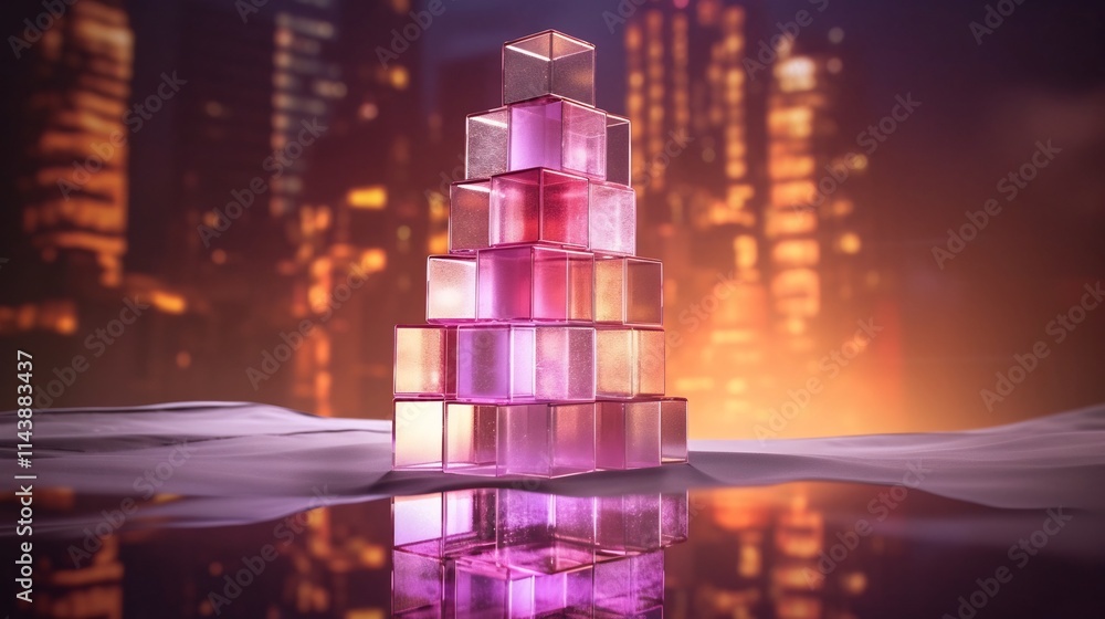 Poster elegant and minimalist sugar cube tower delicately balanced on a reflective surface with vibrant col