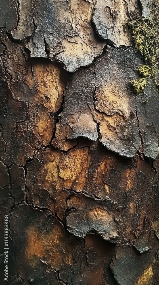 Aufkleber Detailed macro shot capturing the intricate textures and natural patterns of rough tree bark with visible age and moss