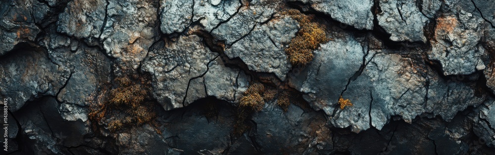 Poster exploring the textures of rough bark detailed with moss and cracks in a close-up macro shot