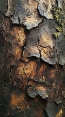 Detailed macro shot capturing the intricate textures and natural patterns of rough tree bark with visible age and moss