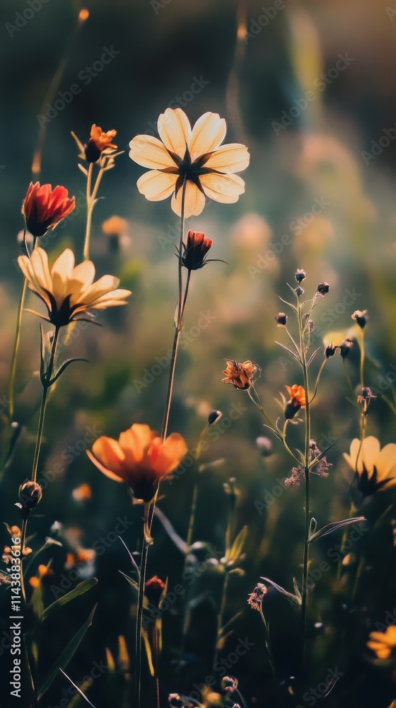 Poster Bright summer wildflowers bloom in a sunlit meadow creating a vibrant display of color and life