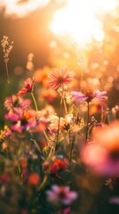 Obraz premium Bright summer wildflowers bloom in a meadow under soft golden sunlight during the warm evening hours