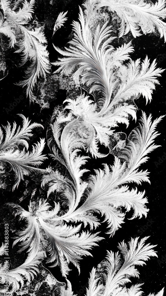 Poster Frost patterns create intricate designs on a chilly winter window at dawn