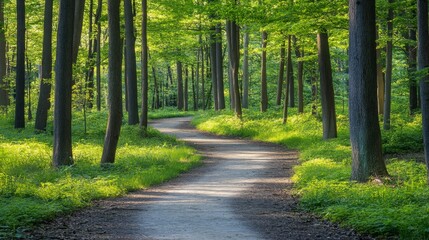 Fototapeta premium Serene Path Through Lush Green Forest Surrounded by Tall Trees, Soft Morning Light Illuminating the Scenic Route in Nature's Tranquil Wilderness