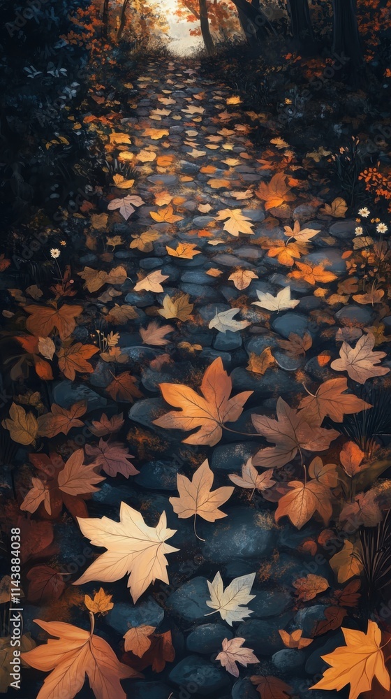 Poster colorful autumn leaves covering a winding path in a tranquil forest setting during late afternoon li