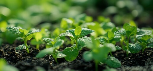 Fototapeta premium Close-up of young green seedlings growing in rich, dark soil.