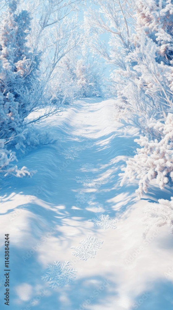 Poster exploring a serene winter trail blanketed in fresh snow surrounded by frosted trees
