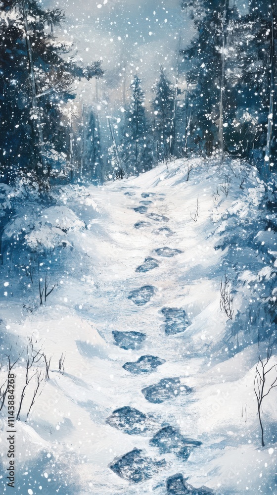 Aufkleber winter trail invites exploration through fresh snow and falling flakes in a serene forest setting