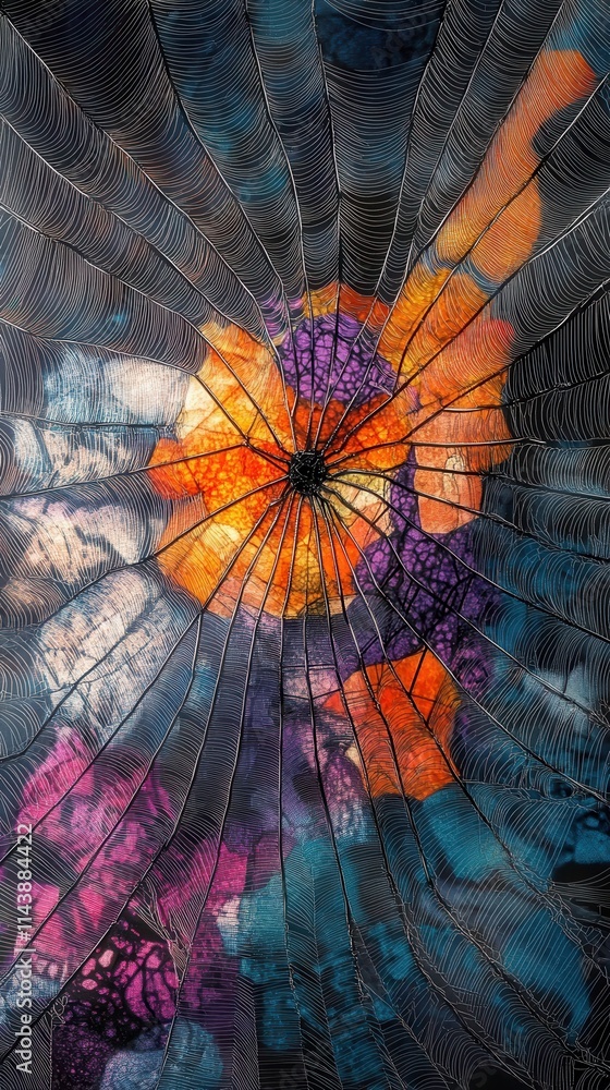 Aufkleber intricate spider silk displaying vibrant colors and patterns under natural light