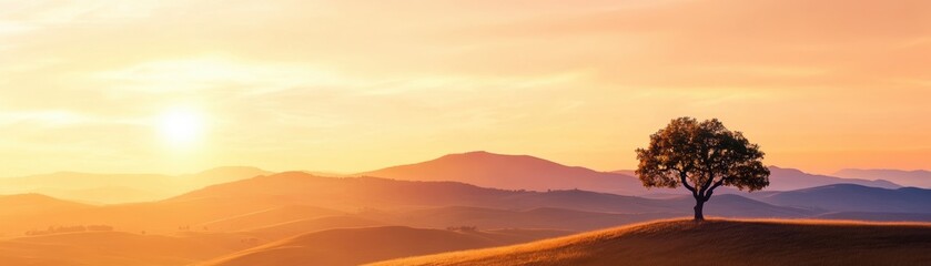 Obraz premium A serene landscape featuring a solitary tree at sunset, with rolling hills illuminated by warm golden light.