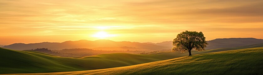Fototapeta premium A serene landscape featuring a solitary tree at sunset, with rolling hills illuminated by warm golden light.