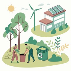 An eco-friendly illustration featuring people recycling, planting trees, and a house with solar panels and a wind turbine, promoting sustainable living and environmental conservation.