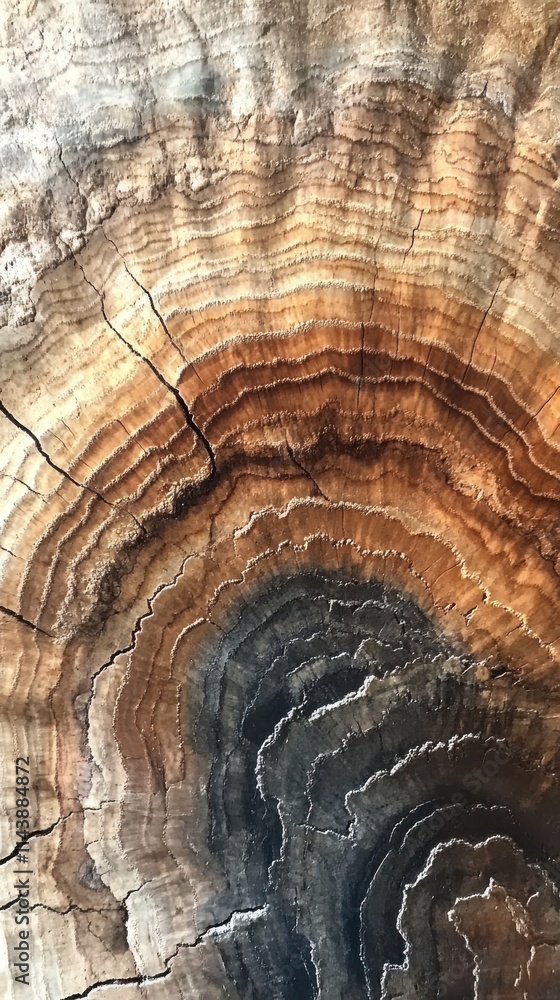 Poster close-up view of a freshly cut tree stump displaying intricate growth rings and natural textures